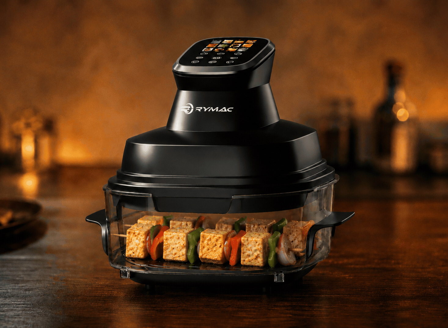Rymac 1350 Watts glass air fryer Serving from glass basket at table